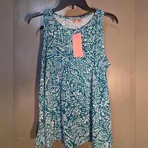 Amiana Teal and White Leaf Pattern Tank Top